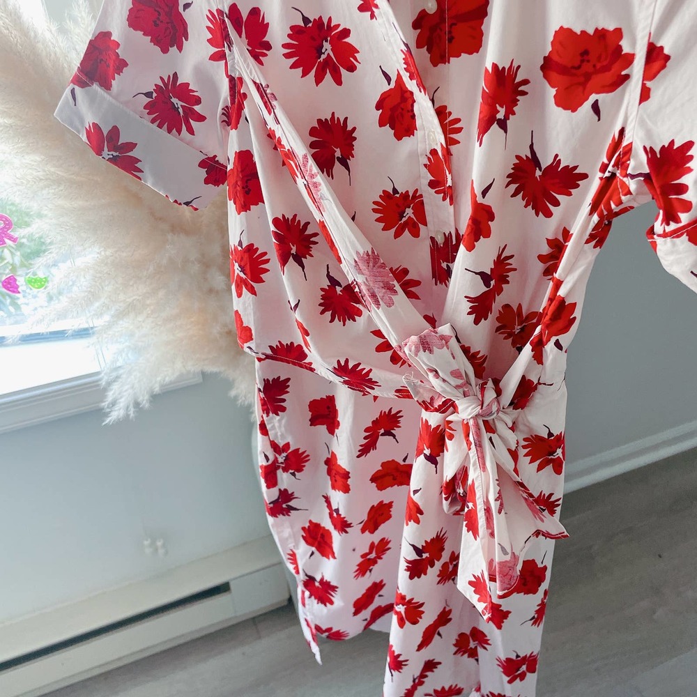 [SOLD] Floral Wrap Shirt Dress Womens XS White Red - Picture 7 of 13